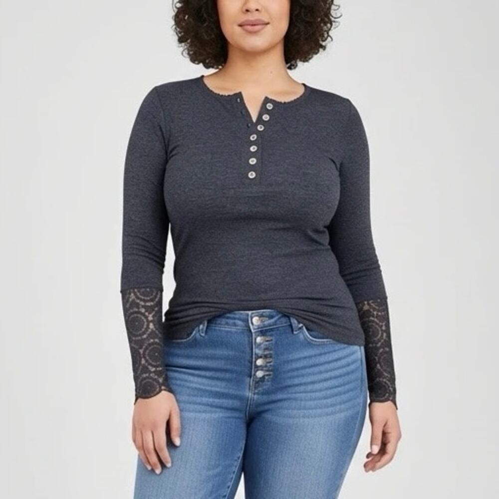 Kancystore Charcoal Gray Henley Blouse with Lace Cuffs Size XL Long Sleeve